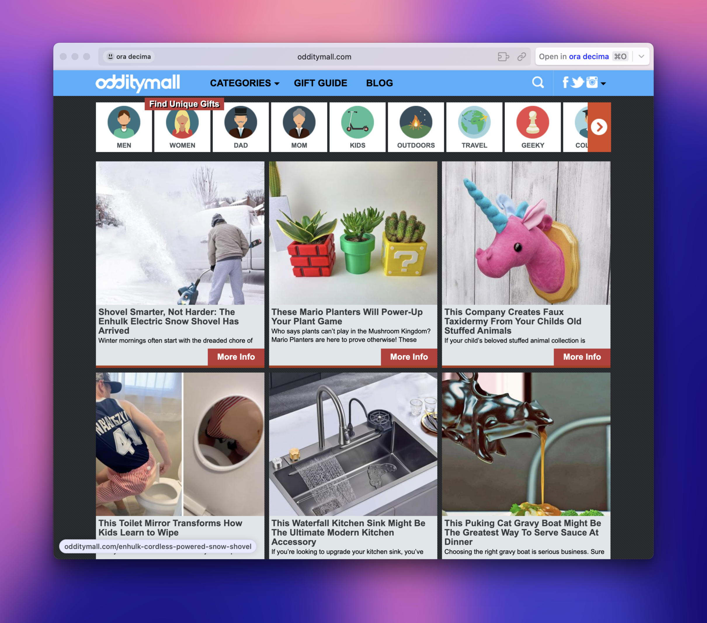 Screenshot of the Odditymall homepage showcasing various unique and quirky gift ideas, including an electric snow shovel, Mario-themed planters, a faux taxidermy unicorn, a toilet mirror for kids, a waterfall kitchen sink, and a cat-shaped gravy boat. The interface displays categorized gift suggestions and vibrant visuals against a gradient background.